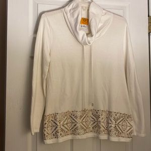 Cream cowl neck Ruby Rd sweater with gold metal beading along the bottom.
